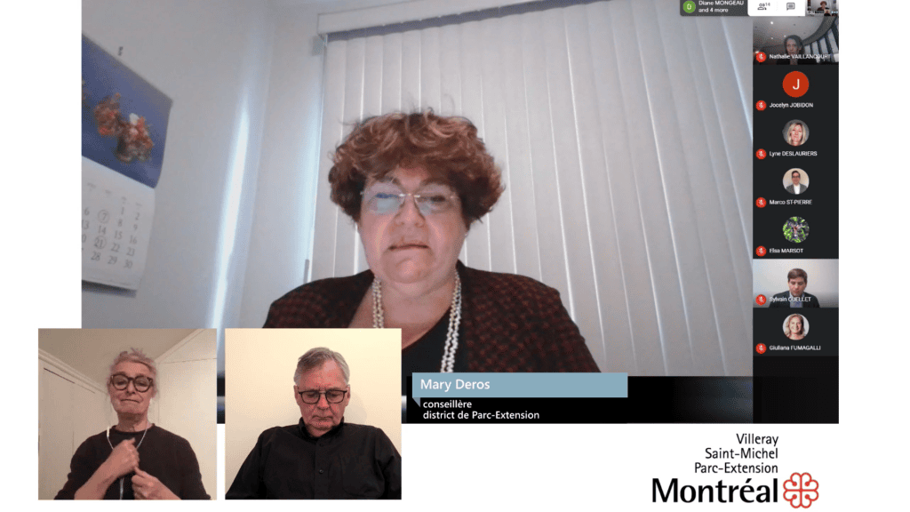 Park Extension councillor Mary Deros addresses residents of her neighbourhood. Photo: Screenshots / City of Montreal webcast