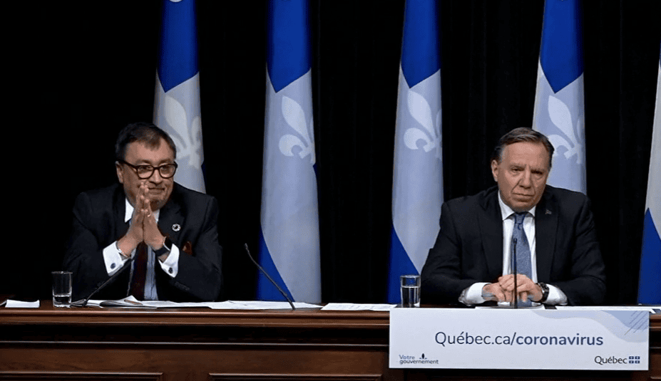 Quebec Public Health Director Dr Horacio Arruda (left) and Quebec Premier Francois Legault at today's press briefing on the coronavirus (COVID-19) public health emergency.